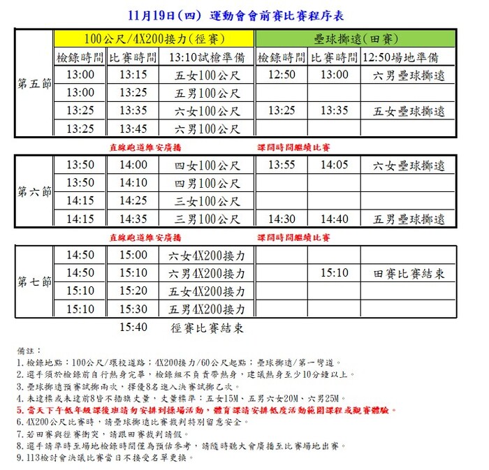 比賽程序表