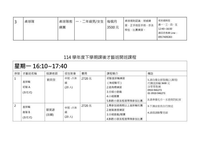 【公告】114學年度下學期課後才藝班開班簡章圖片