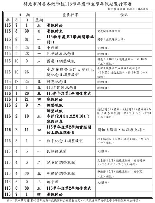 新北市所屬各級學校115學年度學生學年假期暨行事曆